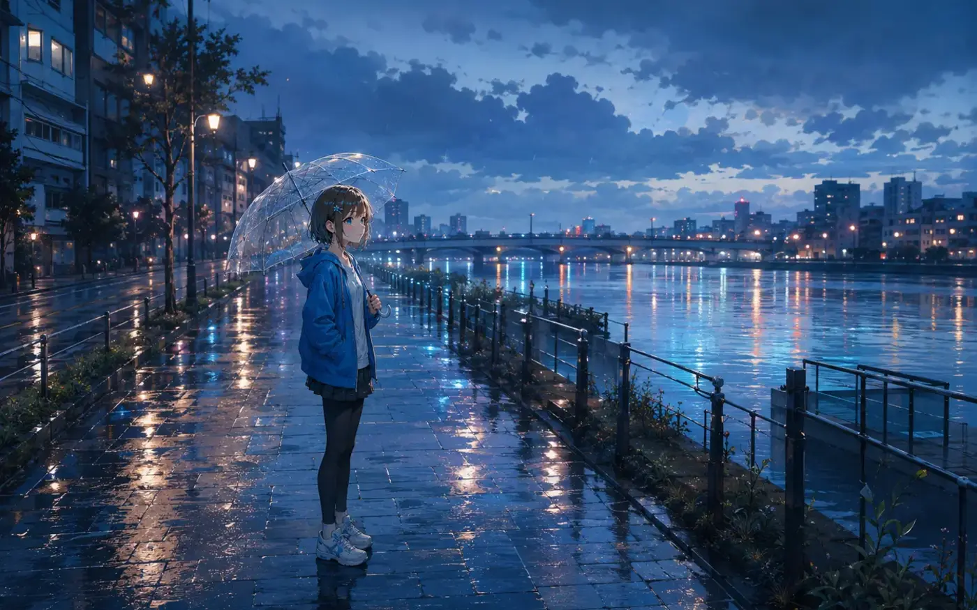 雨の川辺を歩くNAMI