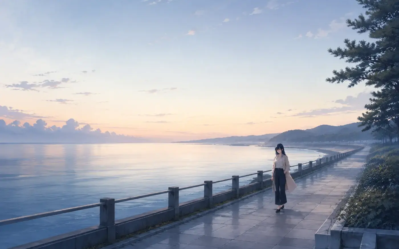 夜明けの海辺を歩くYUI